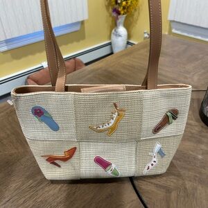 Woven Straw Tote with Colorful Shoe Appliqués - Neutral/Tan, GC, Easter Ready